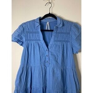 Anthropologie Blue Boho Tiered Embroidered Short Sleeve Button Up Dress Size S